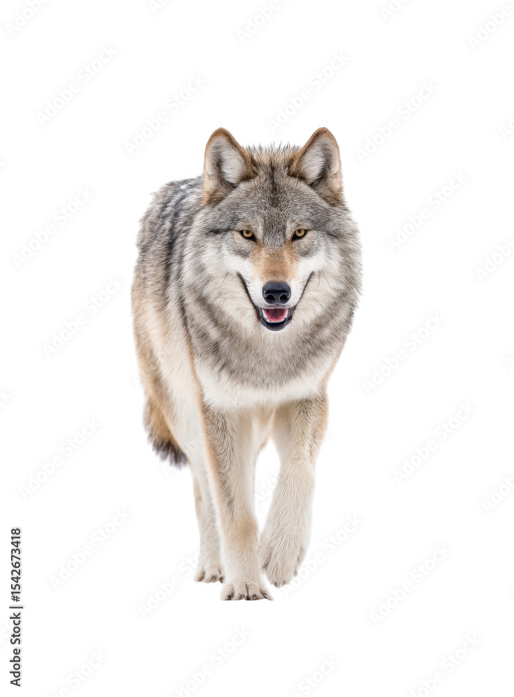 Fototapeta premium A majestic wolf confidently strides through a snowy landscape. showcasing its powerful physique and piercing gaze. with a serene white background emphasizing its natural beauty and grace