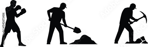 Man at Work Silhouettes: Boxing, Digging, and Mining Action Icons


