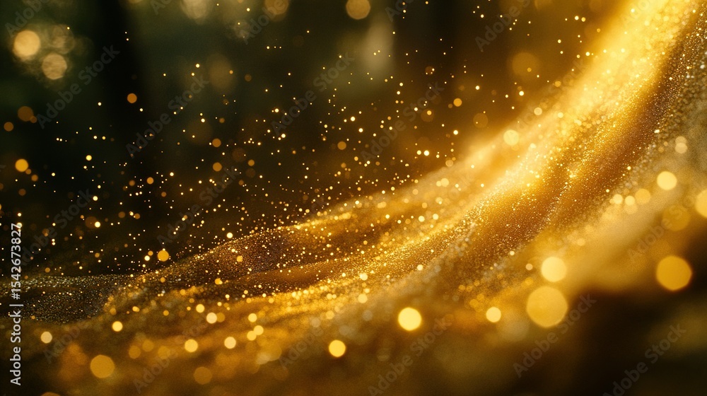 Naklejka premium Golden dust swirls, dark forest backdrop, magical effect, design