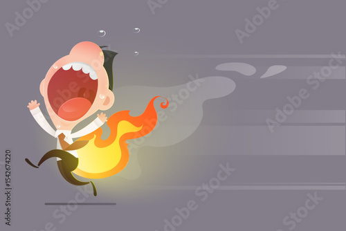 Urgent task, A cartoon illustration of a stressed businessman with fire on his ass, rushing to meet a deadline amid overtime chaos and work pressure in a typical office environment. Dateline, Overtime
