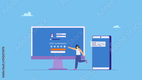 Char login with computer and OTP password on mobile phone. One time password, OTP on double security to login or sign in to internet account, safety or protection for software accessibility, privacy.