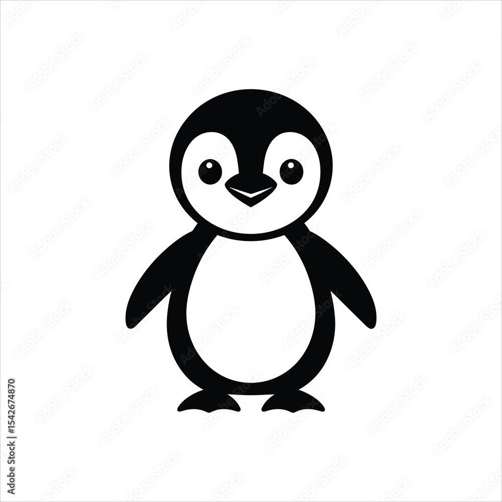 Fototapeta premium Adorable Baby Penguin Silhouette Vector Icon in Black and White