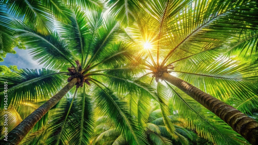 Fototapeta premium Tropical Paradise Sunlit Palm Trees Reaching for the Sky, Lush Foliage and Vibrant Greens