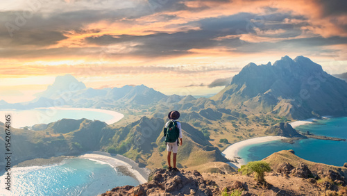 Obraz na plátně Hiker on hill with panoramic mountain and ocean view at Padar Island, Komodo National Park, Indonesia