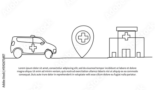Vector illustration of ambulance to hospital location. Modern flat in continuous line style.