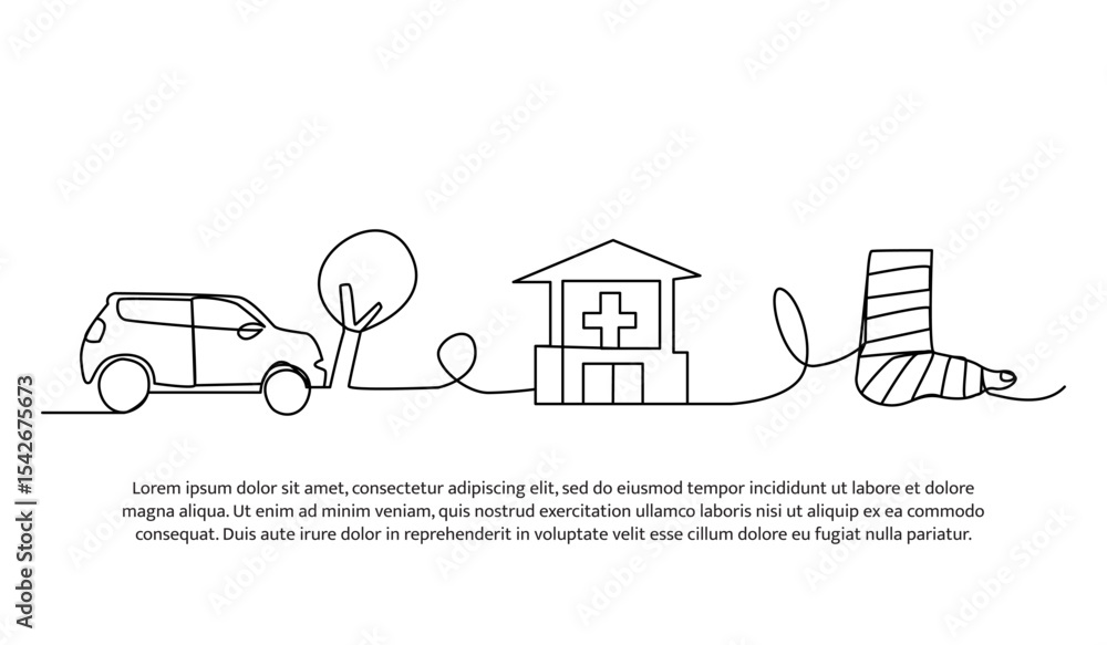 Fototapeta premium Vector illustration of car accident results in hospitalization and broken leg. Modern flat in continuous line style.