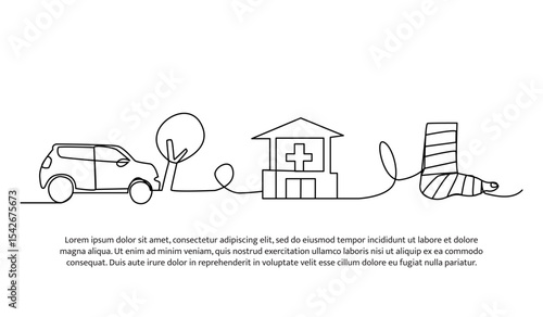 Vector illustration of car accident results in hospitalization and broken leg. Modern flat in continuous line style.