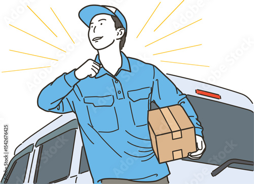 軽バンの前で荷物を運ぶ配達スタッフ