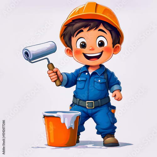 Enthusiastic young cartoon builder with roller getting ready for renovation