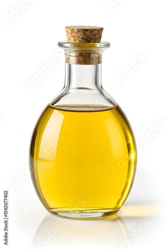 A bottle of golden olive oil on a white background.