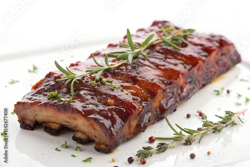 A plate of grilled ribs with herbs on a white background.