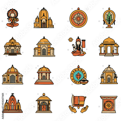 Sammlung flacher Vektorillustrationen hinduistischer Religionssymbole, darunter die Göttin Lakshmi, das Hakenkreuz, das Chakra und verschiedene traditionelle Tempel