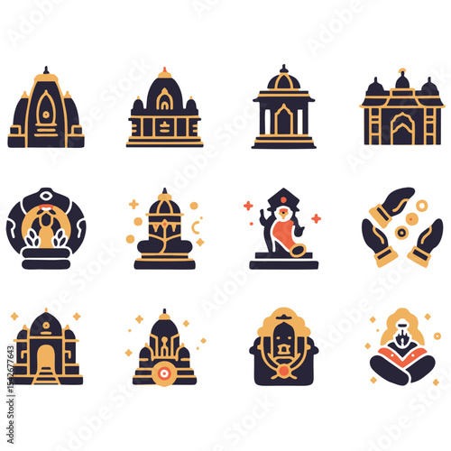 Dieses Icon-Set enthält verschiedene hinduistische Gottheiten, Tempel und symbolische Motive im modernen Flat-Design-Stil. Perfekt für den Einsatz bei kulturellen Veranstaltungen