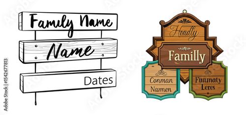 Two illustrations showing family signposts with various styles perfect for personalized family nameplate designs.