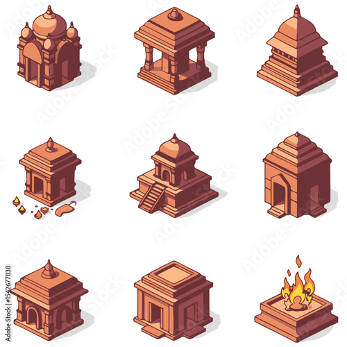 This illustration shows a set of isometric Hindu temple buildings. Ideal for historical, architectural, or game design projects