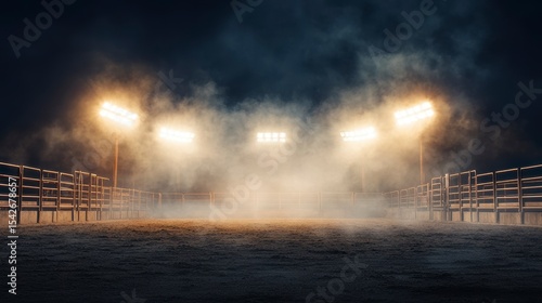Smoky night scene of empty rodeo arena with spotlights.