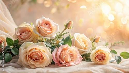 A Delicate Bouquet of Peach Roses on Soft Fabric with a Golden Backdrop