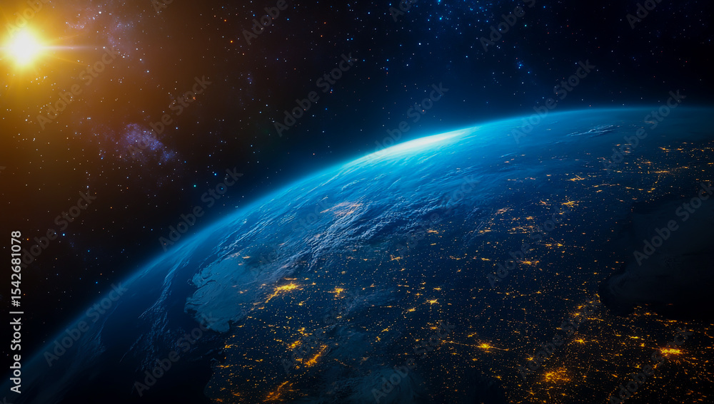 Obraz premium Stunning view of a planet from space, with a sprawling industrial city on one side and bright lights illuminating a futuristic world on the other,