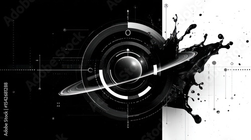 Abstract black and white design with a central sphere