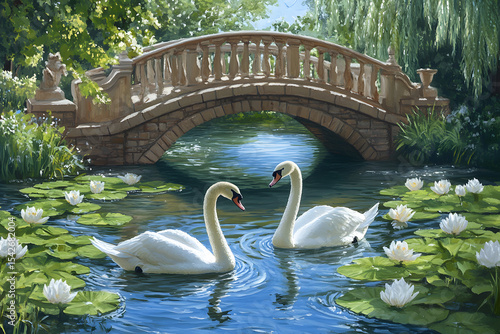 Fototapeta Naklejka Na Ścianę i Meble -  two swans swimming in a pond with lily pads
