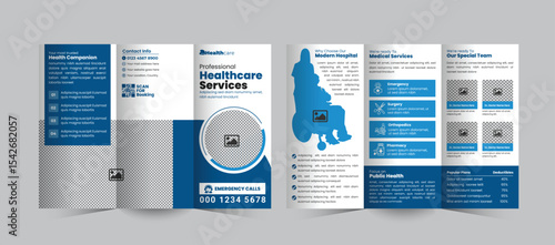 Hospital and Healthcare Services Tri-Fold Brochure Design, a clean, professional medical or clinic promotion brochure template ideal for hospitals, healthcare centers, and medical services.