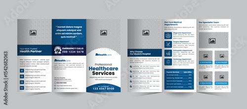 Hospital and Healthcare Services Tri-Fold Brochure Design, a clean, professional medical or clinic promotion brochure template ideal for hospitals, healthcare centers, and medical services.