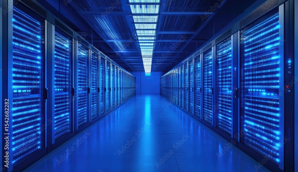 Blue-lit server room hallway, rows of racks Blue-lit server room hallway, rows of racks