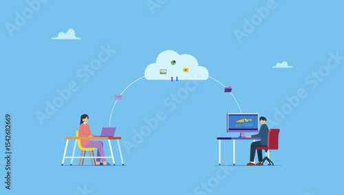 Flat vector illustration of business people smart working online anywhere with accessing cloud computing server technology service. Technology internet of things.