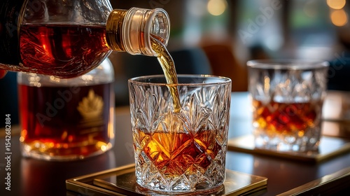 Pouring amber delight: A close-up captures the art of pouring a rich, amber-hued spirit into a beautifully crafted, crystal-clear glass, suggesting a moment of sophisticated enjoyment. 