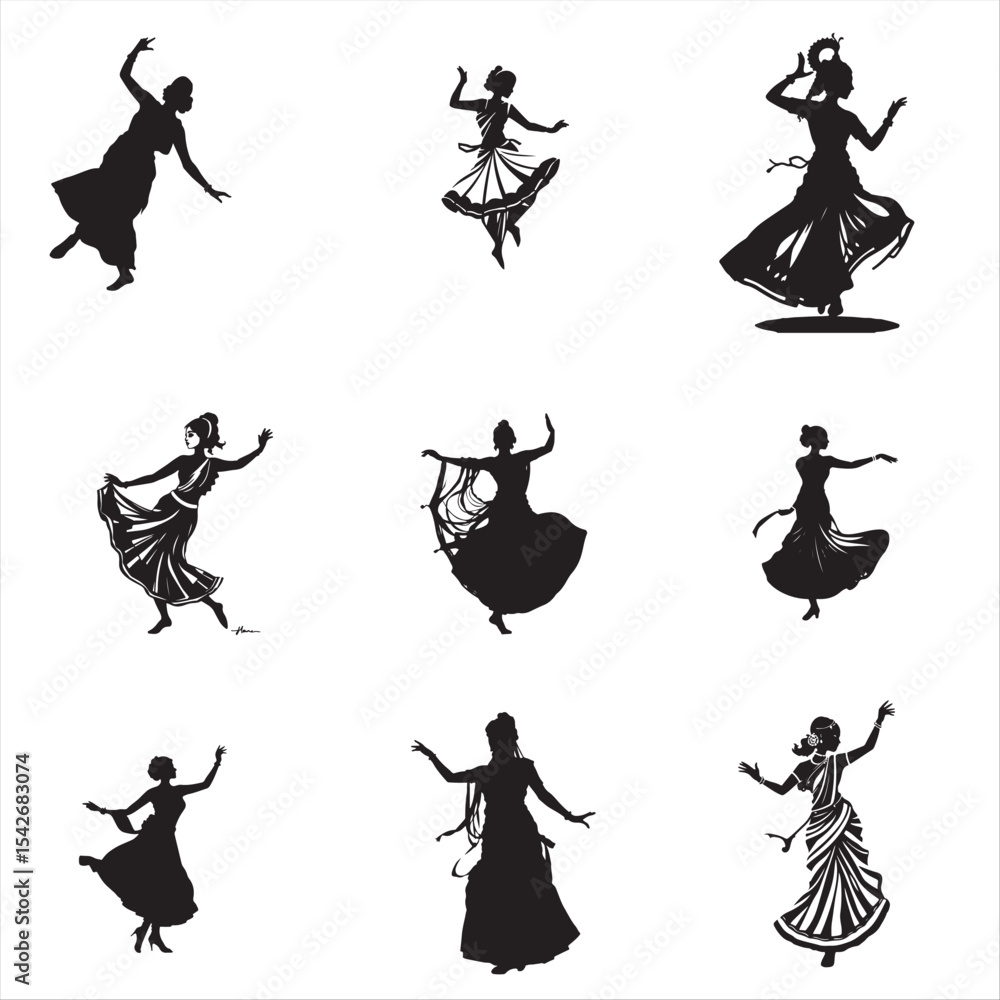 Naklejka premium set of vector silhouettes of Bengali folk dancer