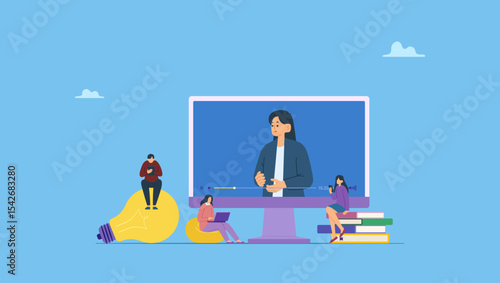 Flat vector people studying online, online education and e-learning at home through webinar training. Design illustration for webinar, online video training, tutorial podcast and business training.