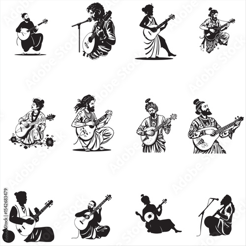 set of silhouettes of folk singer