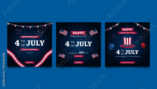 Flat social media instagram post collection for Amarican 4th of july holiday celebration