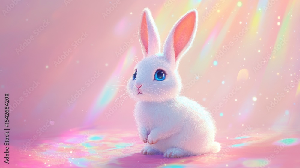 Adorable white bunny rabbit sitting on pink surface with rainbow lights. Adorable white bunny rabbit sitting on pink surface with rainbow lights.