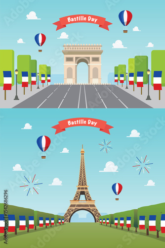 Bastille day celebration at Arc de Triomphe and Eiffel tower in Paris