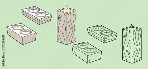 Vector illustration featuring various wood candle holders with burning candles depicted in a clean and contemporary design