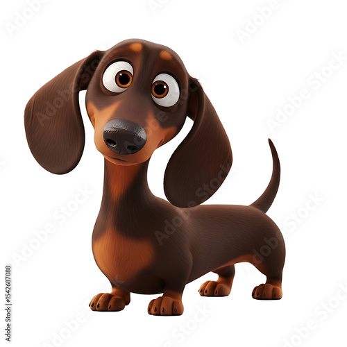 A charming, cartoon dachshund stands against a white background, looking inquisitively.