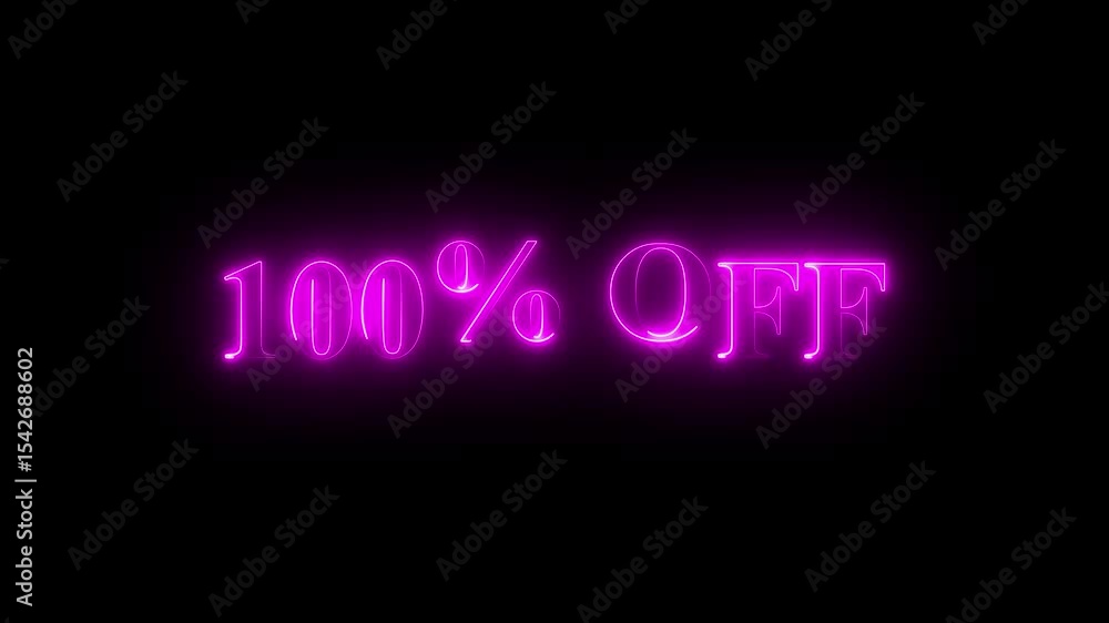 Neon “100% OFF” text animation on black background. Ideal for sales, free offers, ecommerce discounts, marketing videos, banners Neon “100% OFF” text animation on black background. Ideal for sales, free offers, ecommerce discounts, marketing videos, banners