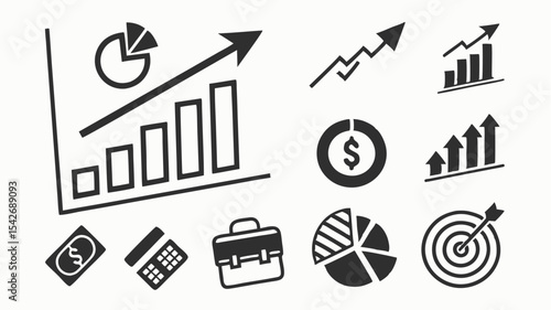 Black silhouette collection of business and finance icons including charts graphs and a businessman illustration style