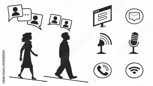 Black silhouette silhouettes of people walking with communication icons including speech bubbles and technology symbols shown