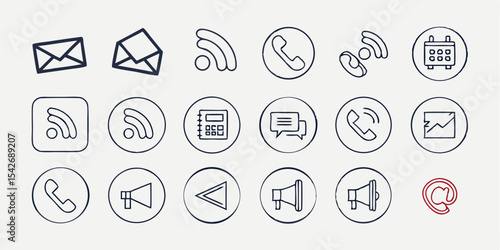 Black silhouette collection of communication icons including email, phone, wifi, calendar, and megaphone symbols