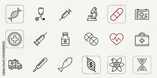 Black silhouette illustration of medical icons including syringes, pills, dna, and medical transport showing health care items