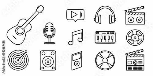 Black silhouette illustration depicting various music and entertainment related icons including guitar microphone and headphones