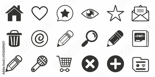 Black silhouette collection of hand drawn style icons including home heart rewind eye plus documents arrows calculator and more