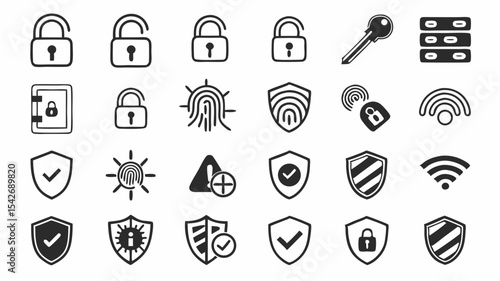 Black silhouette illustration of security icons including locks, shields, keys, fingerprint, wifi and calendar icons isolated