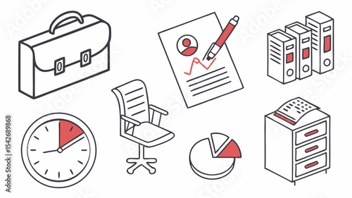 Black silhouette illustration showing business elements including handshake, clock, and office furniture items scattered