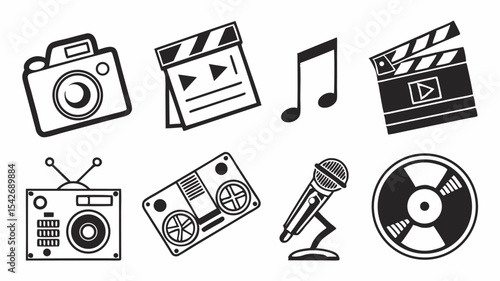 Black silhouette isometric illustration of office objects including a briefcase, chair, clock, and file cabinet items showing work