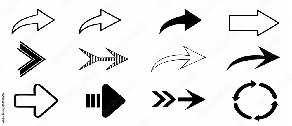 Black silhouette collection of various arrow designs pointing in different directions with diverse styles and orientations Black silhouette collection of various arrow designs pointing in different directions with diverse styles and orientations