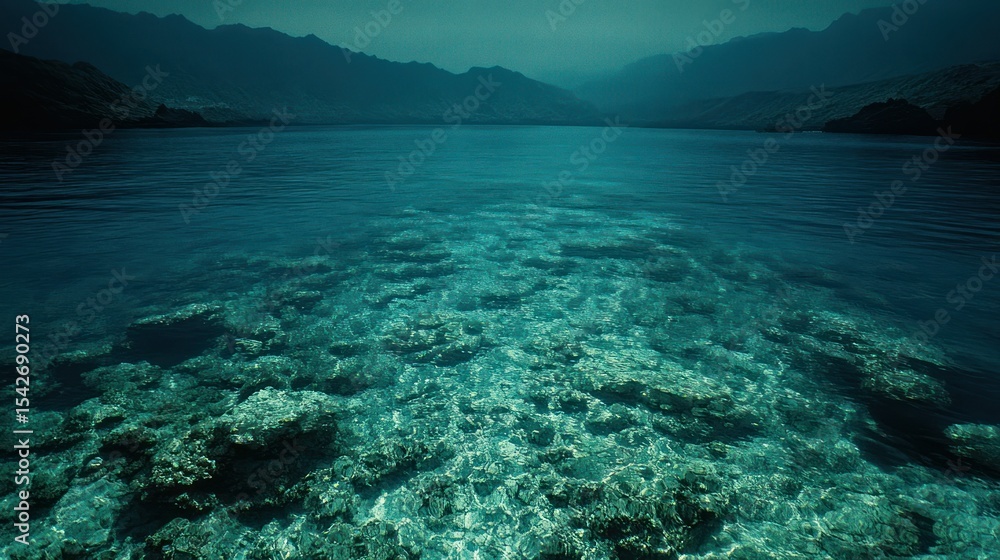 Tranquil underwater scene of a coral reef, transitioning to the surface of a calm sea, with mountains in the background Tranquil underwater scene of a coral reef, transitioning to the surface of a calm sea, with mountains in the background