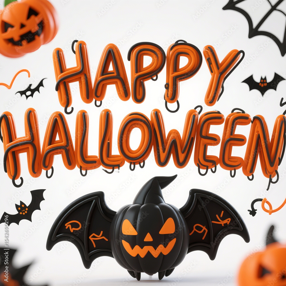 3d scribble art with a modern style with a halloween theme forming the words happy halloween. with orange and black colors with accessories halloween around white background 3d scribble art with a modern style with a halloween theme forming the words happy halloween. with orange and black colors with accessories halloween around white background